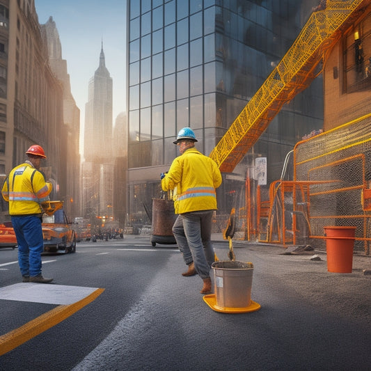 An illustration of a person in a hard hat and gloves, renovating a planter with a ladder, surrounded by caution tape and warning signs, amidst a bustling cityscape with pedestrians and vehicles.