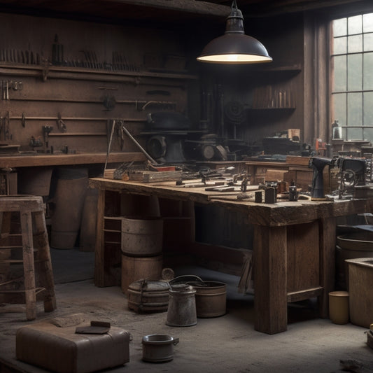 A tidy workshop with a wooden workbench, surrounded by organized tools and a few blocks of various materials (e.g., concrete, wood, and brick), with a removed block segment in the foreground.