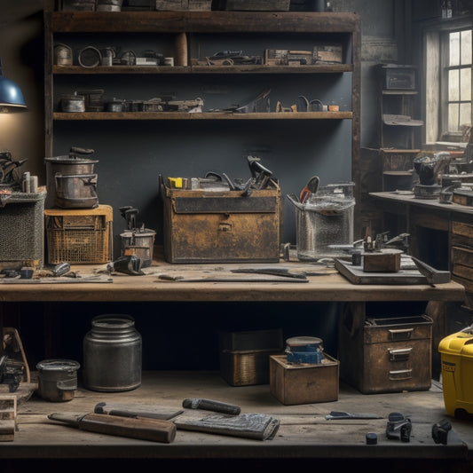 A cluttered but organized workshop background with a prominently displayed, partially-filled toolbox, a clipboard with a checklist, and various tools and renovation materials scattered around.