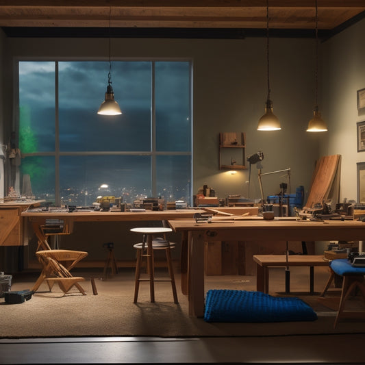 A well-lit, modern interior workspace with various top edger tools scattered on a wooden workbench, surrounded by half-finished renovation projects, with a subtle background of a living room under construction.