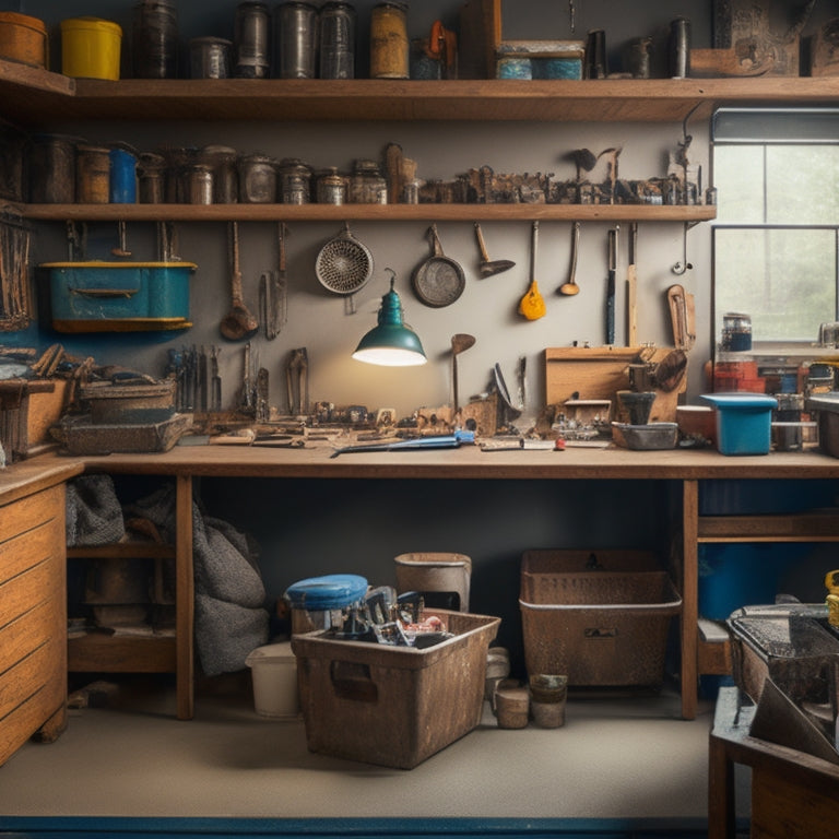 A cluttered workshop with scattered tools and supplies transitions to an organized space with labeled bins, a pegboard, and a workbench with neatly arranged tools, amidst a subtle home renovation backdrop.