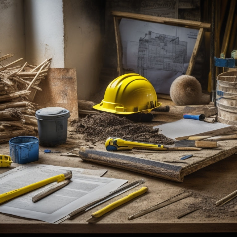 A cluttered renovation site with various tools, materials, and ladders; a yellow hard hat and clipboard in the foreground, surrounded by scattered blueprints and checkmarks.