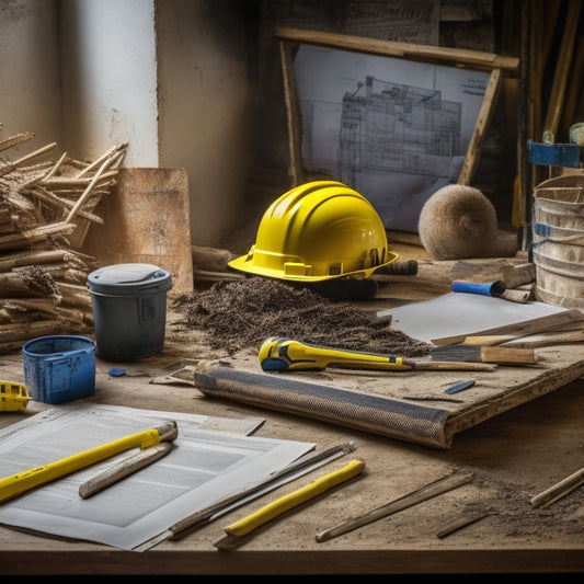 A cluttered renovation site with various tools, materials, and ladders; a yellow hard hat and clipboard in the foreground, surrounded by scattered blueprints and checkmarks.