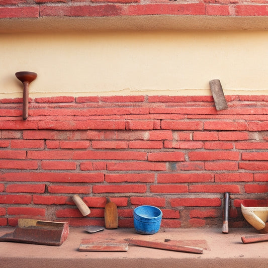 A worn, rustic outdoor wall with crumbling mortar and chipped bricks, surrounded by renovation tools, including three to five different trowels with varying handle lengths and angled heads.