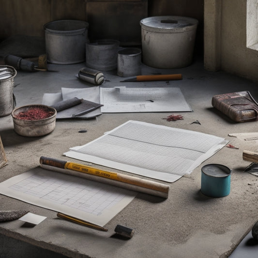 A worn, cracked concrete floor with faded paint and scattered debris, next to a clipboard with a partially completed checklist and a pencil, surrounded by construction tools and materials.