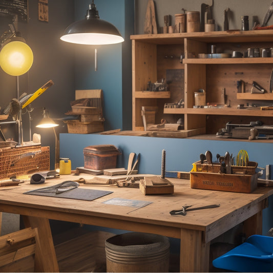 A clutter-free, well-lit workshop with a wooden workbench, various tools, and a laptop displaying a 3D design, surrounded by inspirational renovation boards and color swatches on a pegboard.
