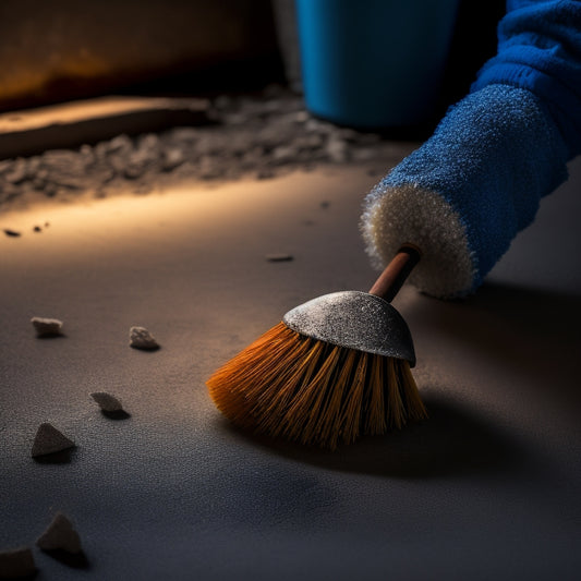 A close-up of a worn, gloved hand holding a scrub brush, surrounded by scattered concrete chips, with a faintly visible concrete surface in the background, illuminated by a warm, directional light.