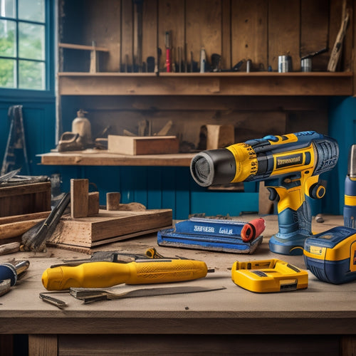 A cluttered construction site background with a renovated room in the foreground, featuring a perfectly placed power drill, a level, and a cordless screwdriver on a wooden workbench, surrounded by scattered tools and renovation materials.