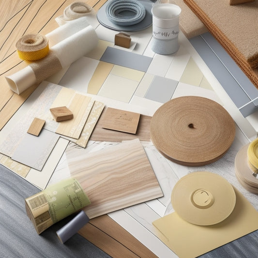 An illustration of various flooring materials, including hardwood planks, porcelain tiles, marble slabs, and laminate sheets, arranged in a spiral pattern around a central axis, with price tags and measuring tapes intertwined.