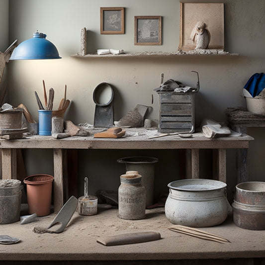 A cluttered workspace with stucco renovation tools scattered around, including a hawk, trowel, putty knife, wire brush, safety goggles, and a bucket of mixed stucco compound, against a backdrop of a partially renovated exterior wall.
