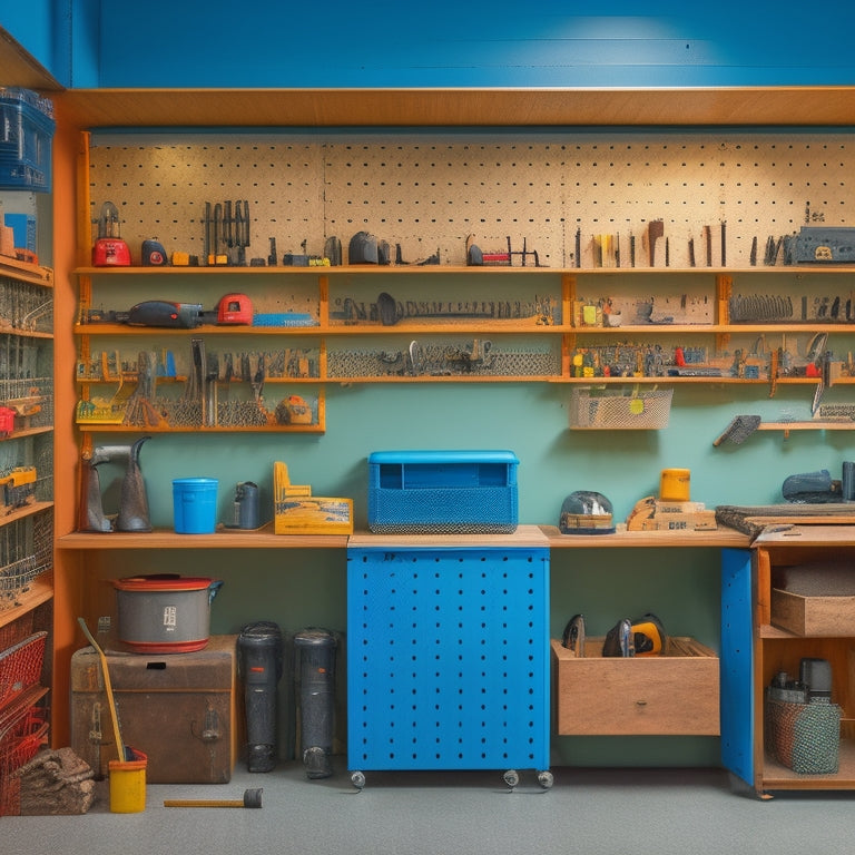 A clutter-free workshop with a pegboard displaying neatly organized power tools, a labeled cabinet storing hand tools, and a rolling cart with compartments for hardware and materials.