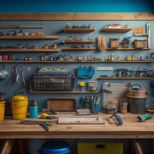 A clutter-free workshop with a pegboard on the wall, holding various filling tools like putty knives, scrapers, and trowels, alongside a nearby toolbox and a labeled storage bin on a workbench.