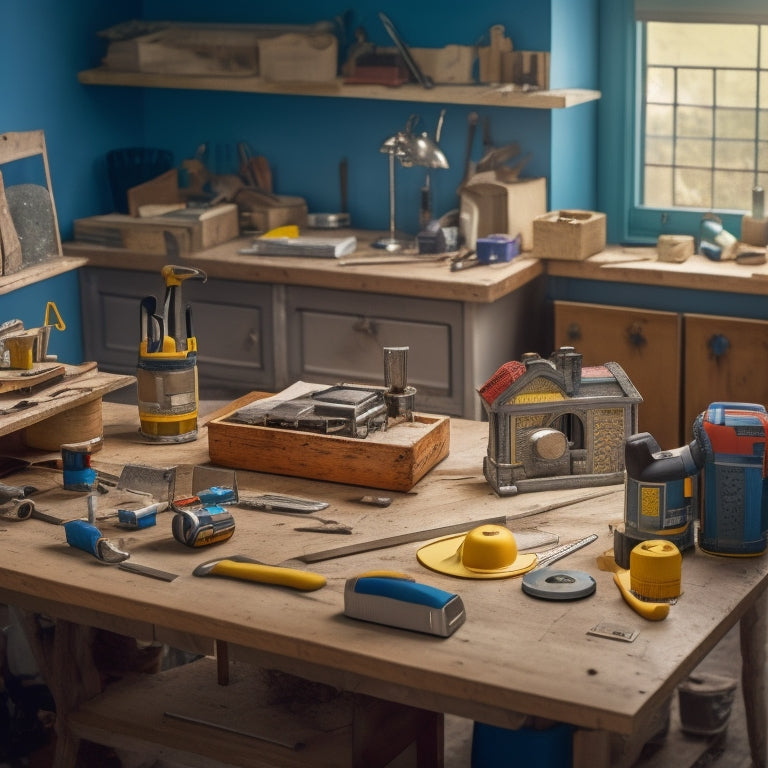 A cluttered, yet organized, workshop table with a block-shaped house model at the center, surrounded by various renovation tools, such as a tape measure, level, hammer, and power drill.