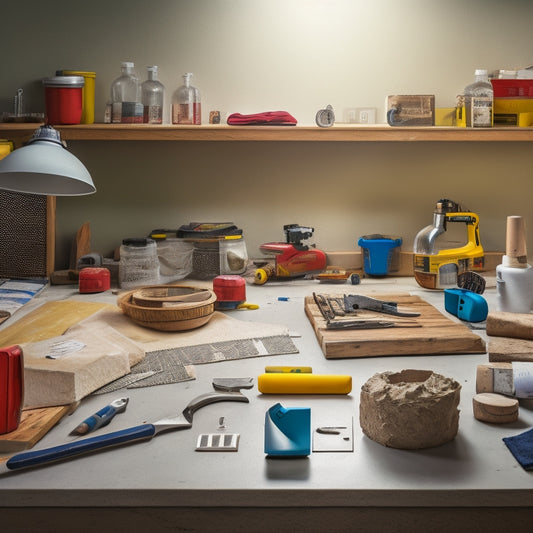 A bright and organized workshop background with a wooden table in the center, featuring a patching tool kit with a hammer, level, and safety goggles, surrounded by scattered drywall patches and renovation materials.