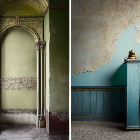 A split-screen image: a cracked, uneven wall on the left, with a faded, peeling paint job; on the right, a smooth, durable wall with a fresh coat of paint, adorned with ornate molding.