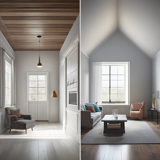 A before-and-after split-screen image: a dimly lit room with a stained, popcorn-textured ceiling on one side, and a bright, modern space with a smooth, white ceiling on the other, with renovation tools scattered around.