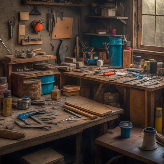 A cluttered workbench with a variety of tools and materials, including a caulk gun, spackling compound, and putty knife, surrounded by filled gaps in a worn wooden floorboard.