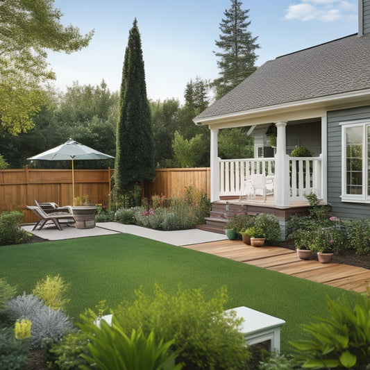 A serene backyard with a renovated exterior featuring a newly painted house, refurbished wooden deck, and lush greenery, surrounded by various renovation tools and equipment, with a subtle hint of a sunny day.