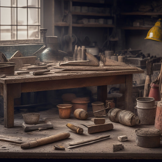 A cluttered workbench with various trowels of different sizes and materials, surrounded by scattered renovation tools, mortar, and building materials, with a blurred background of a construction site.