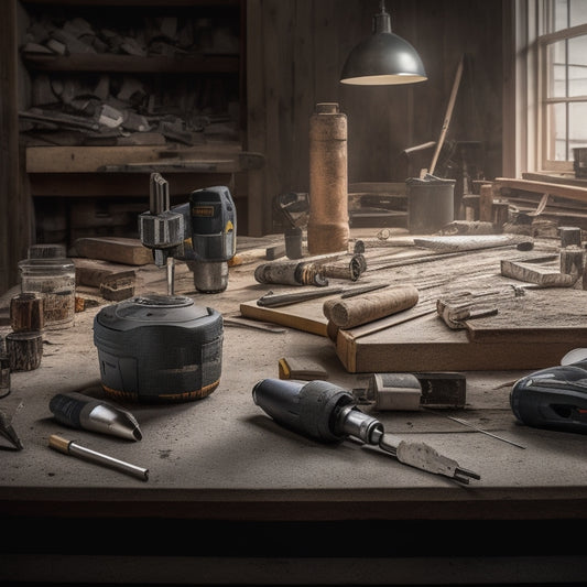 A cluttered workshop table with various drilling and mixing tools, including a cordless drill, impact driver, mixing paddle, and drill bits, surrounded by renovation materials like drywall, lumber, and concrete.