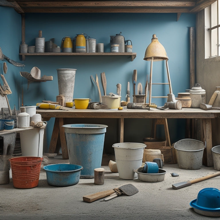 A cluttered workshop background with a variety of renovation tools and equipment scattered around, featuring a prominent display of white plaster buckets, trowels, and mixing sticks in the foreground.