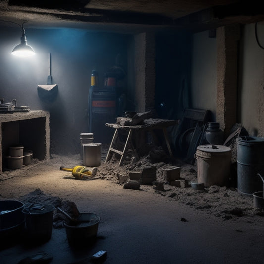A dimly lit, partially demolished basement with cracked foundation walls, exposed pipes, and scattered tools, featuring a spotlight shining on a single, repaired crack with fresh concrete and a trowel.
