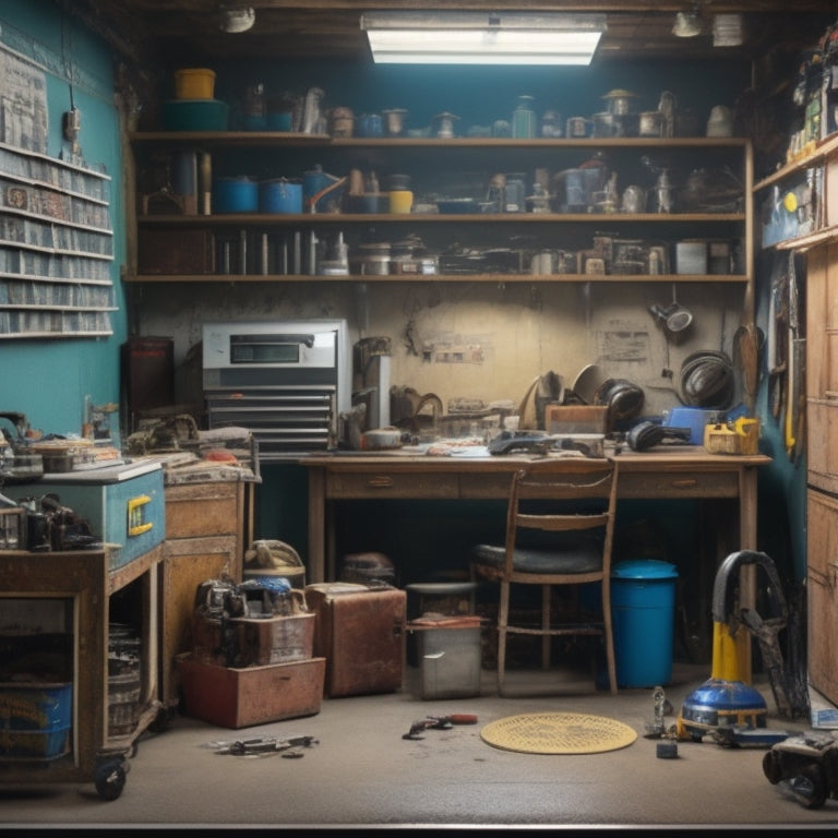A cluttered garage with tools scattered on the floor, surrounded by old cabinets and rusty shelving, with a measuring tape and calculator in the foreground, next to a blueprint with renovation plans.