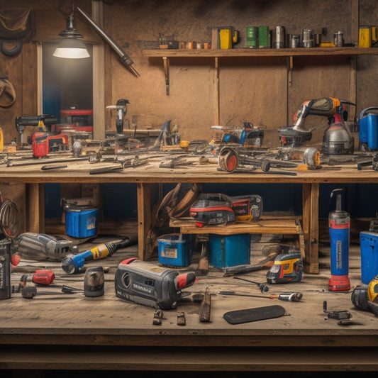 A cluttered but organized workshop table with a mix of affordable power tools, such as a cordless drill and impact driver, surrounded by DIY renovation materials like wood, pipes, and paint cans.