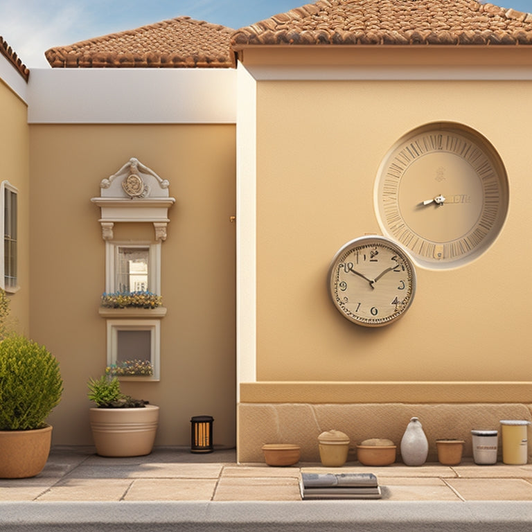 An illustration of a stucco exterior wall with a clock or calendar elements integrated into the design, surrounded by renovation tools and materials, with a subtle background of a house or building.
