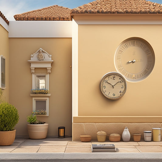 An illustration of a stucco exterior wall with a clock or calendar elements integrated into the design, surrounded by renovation tools and materials, with a subtle background of a house or building.