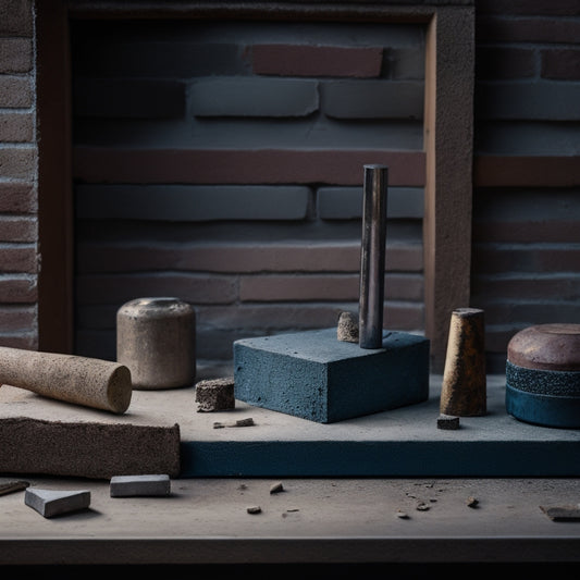 A still life composition featuring three cinder block jointers with varying handle styles and metal finishes, placed on a weathered wooden workbench amidst scattered mortar and brick fragments.
