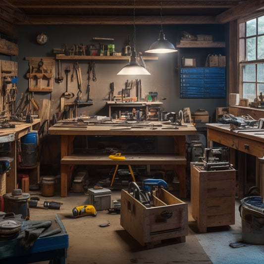 A cluttered, well-lit workshop with a wooden workbench in the center, surrounded by various DIY tools, including a cordless drill, circular saw, tape measure, level, and a bucket of assorted screws and nails.