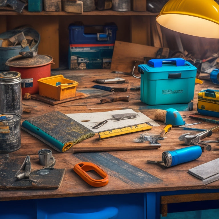 A cluttered workspace with scattered tools, blueprints, and renovation materials, surrounded by half-finished DIY projects, with a prominent toolbox in the center, adorned with a hammer and tape measure.