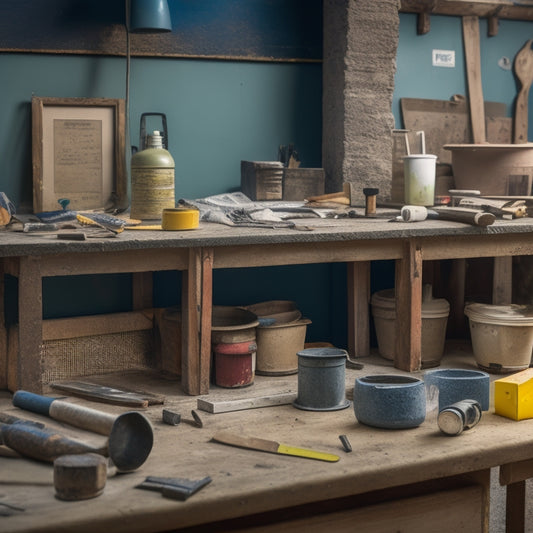 A cluttered workbench with a block wall renovation project in progress, featuring a level, trowel, mixing bucket, joint chisel, and spirit level, surrounded by scattered blocks and mortar.