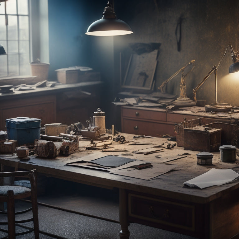 A cluttered, dimly lit room with torn wallpaper, broken furniture, and scattered tools, contrasted with a crisp, organized blueprint on a nearby drafting table, surrounded by precision instruments.