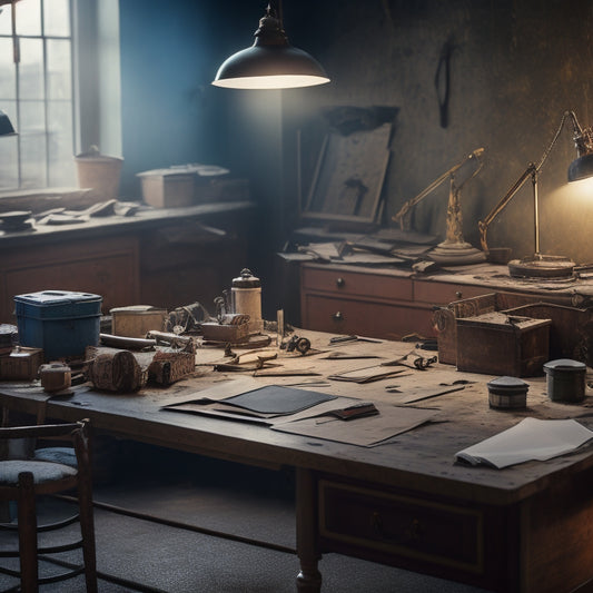 A cluttered, dimly lit room with torn wallpaper, broken furniture, and scattered tools, contrasted with a crisp, organized blueprint on a nearby drafting table, surrounded by precision instruments.