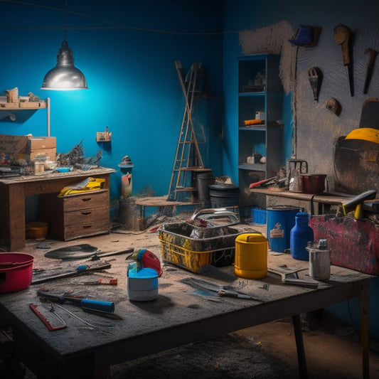 A cluttered, dimly lit room with torn wallpaper, exposed wiring, and a broken sink transforms into a bright, modern space with 7 colorful tools scattered around, including a drill, level, and tape measure.