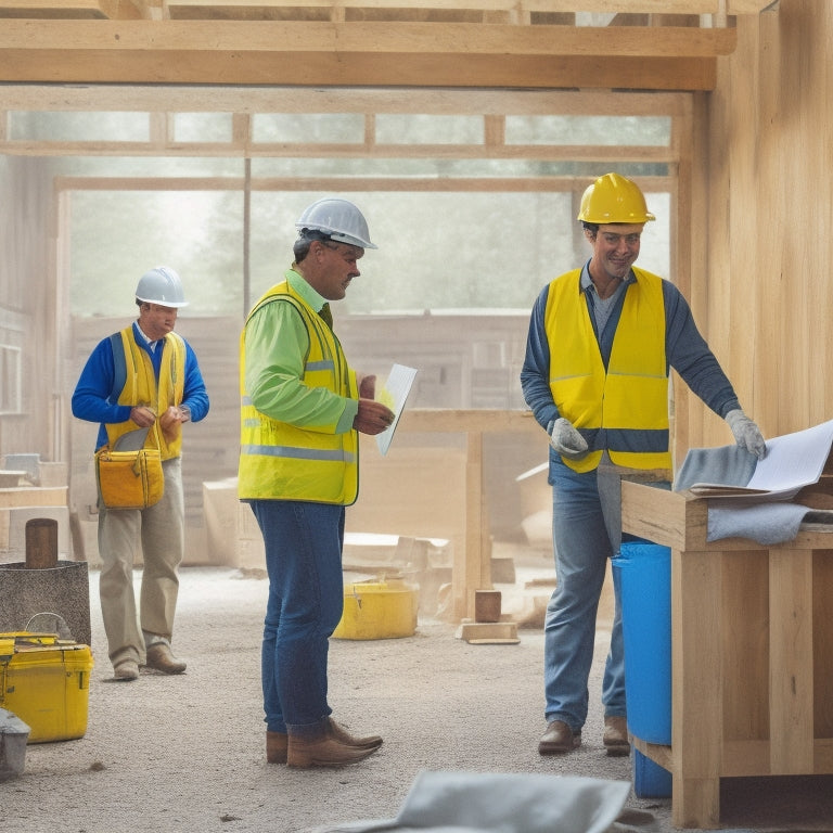 A well-organized renovation site with a contractor in a yellow hard hat, inspecting a blueprint with a homeowner, amidst a backdrop of half-finished rooms and construction materials.