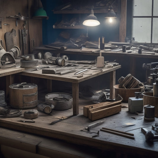 A cluttered workbench with various surface grinding tools, including angle grinders, belt sanders, and orbital sanders, surrounded by woodworking projects in progress, with wood shavings and dust scattered around.
