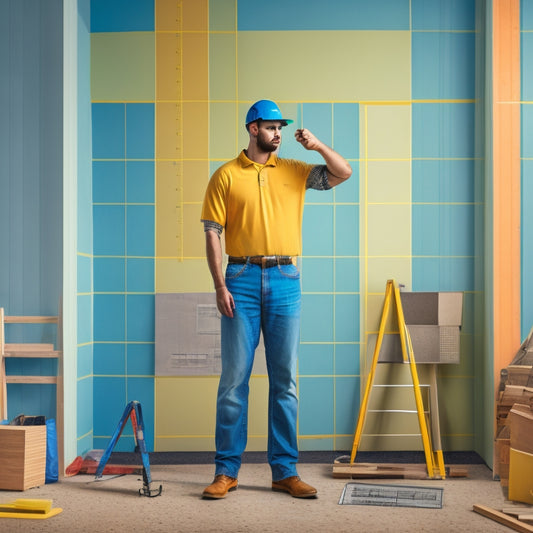 An illustration of a person holding a tape measure, standing in front of a half-constructed room with a blueprint on the wall, surrounded by scattered tools and building materials, with a subtle grid pattern in the background.