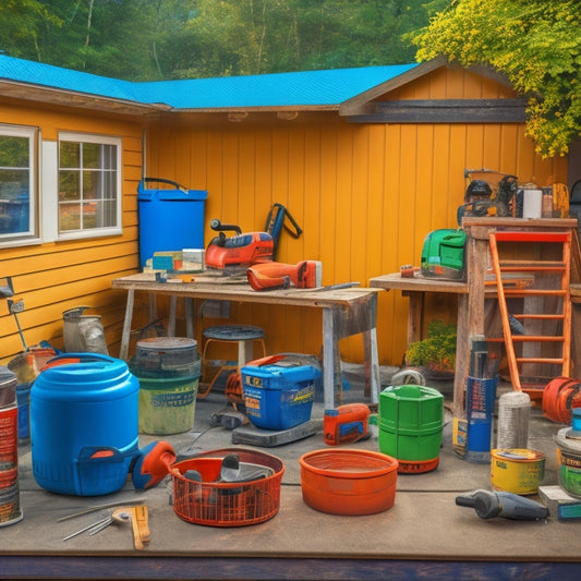 A cluttered outdoor workspace with various renovation tools and materials scattered around, including a circular saw, drill, ladders, buckets of paint, and stacks of vinyl siding and roofing tiles.