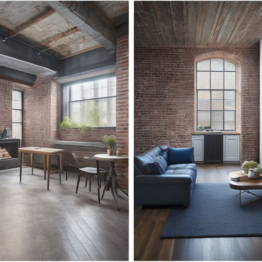 A split-level interior space with exposed brick walls, one side with old, worn-out insulation, and the other side with modern, eco-friendly insulation materials, such as recycled denim or fiberglass batts.