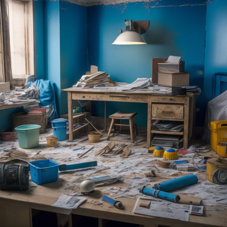 A messy room with torn wallpaper, broken furniture, and scattered tools transitions to a renovated space with fresh paint, new fixtures, and a calculator in the center, surrounded by construction hats and blueprints.