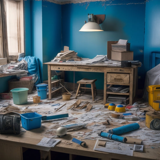 A messy room with torn wallpaper, broken furniture, and scattered tools transitions to a renovated space with fresh paint, new fixtures, and a calculator in the center, surrounded by construction hats and blueprints.