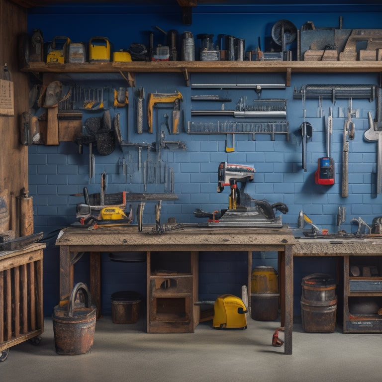 A well-organized garage with a workbench, surrounded by rented tools such as a circular saw, drill press, and impact wrench, and a pegboard with hanging accessories like hammers and levels.