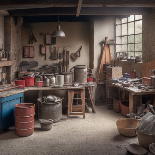 A cluttered workshop with a block wall in the background, surrounded by scattered renovation tools, including a trowel, level, jointer, and mixers, with a wheelbarrow filled with mortar in the foreground.