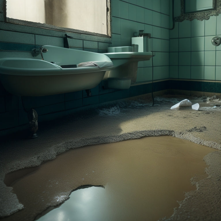 An image of a flooded bathroom with water seeping from beneath the floor, surrounding a cracked and crumbling concrete foundation, with a subtle hint of mold growth on the walls.