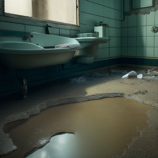 An image of a flooded bathroom with water seeping from beneath the floor, surrounding a cracked and crumbling concrete foundation, with a subtle hint of mold growth on the walls.