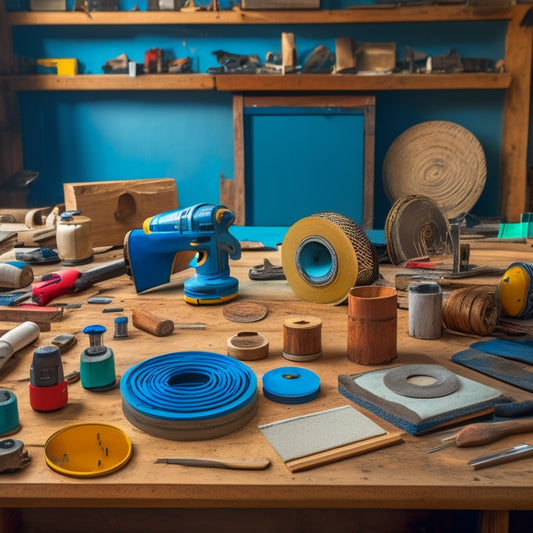 A cluttered workshop table with various finishing tools, including a cordless drill, orbital sander, putty knives, and a tape measure, surrounded by wooden trim pieces, sandpaper, and a half-painted wall sample.