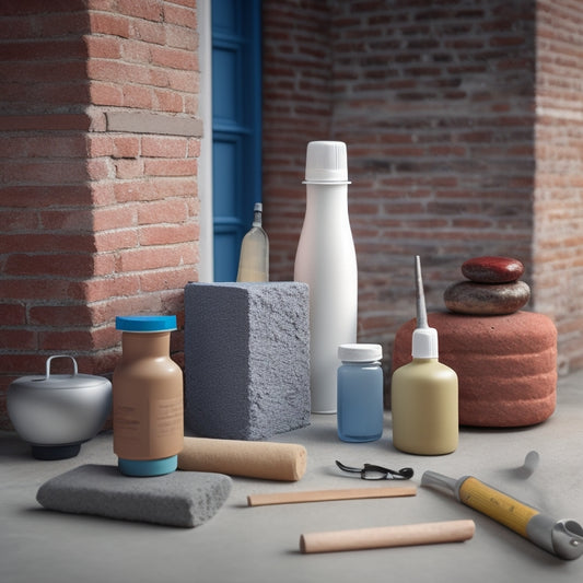 An illustration of various masonry materials (brick, concrete block, stone, stucco) with different sealant tubes and bottles nearby, surrounded by renovation tools and a subtle background of a partially renovated home.